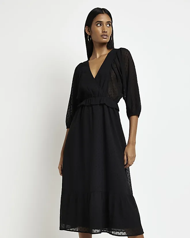 River Island spot long sleeve wrap midi dress Black New
