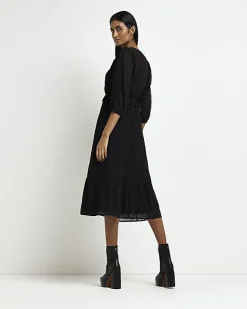 River Island spot long sleeve wrap midi dress Black New