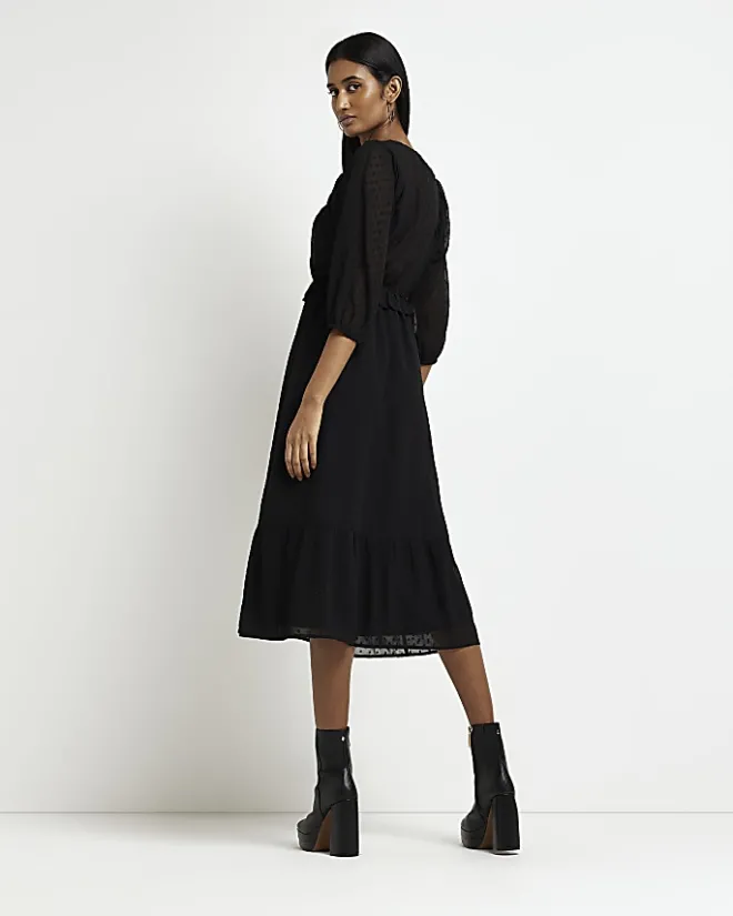 River Island spot long sleeve wrap midi dress Black New