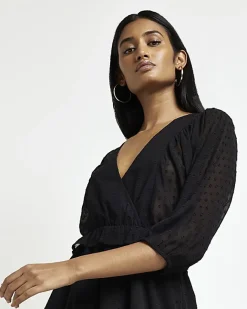 River Island spot long sleeve wrap midi dress Black New