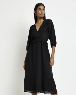 River Island spot long sleeve wrap midi dress Black New
