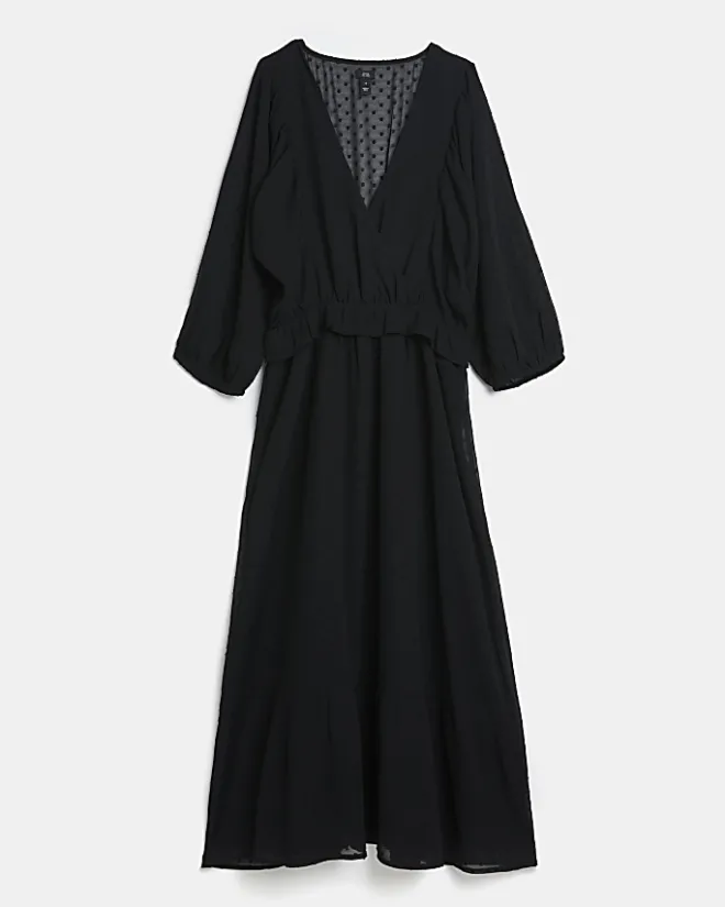 River Island spot long sleeve wrap midi dress Black New