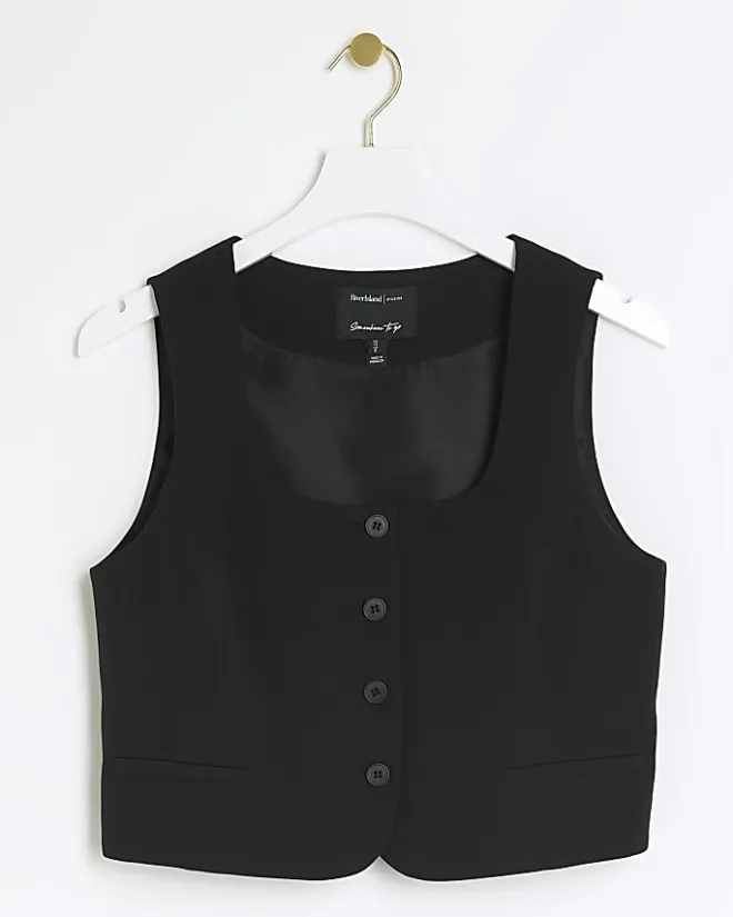 River Island square neck crop waistcoat Black Hot