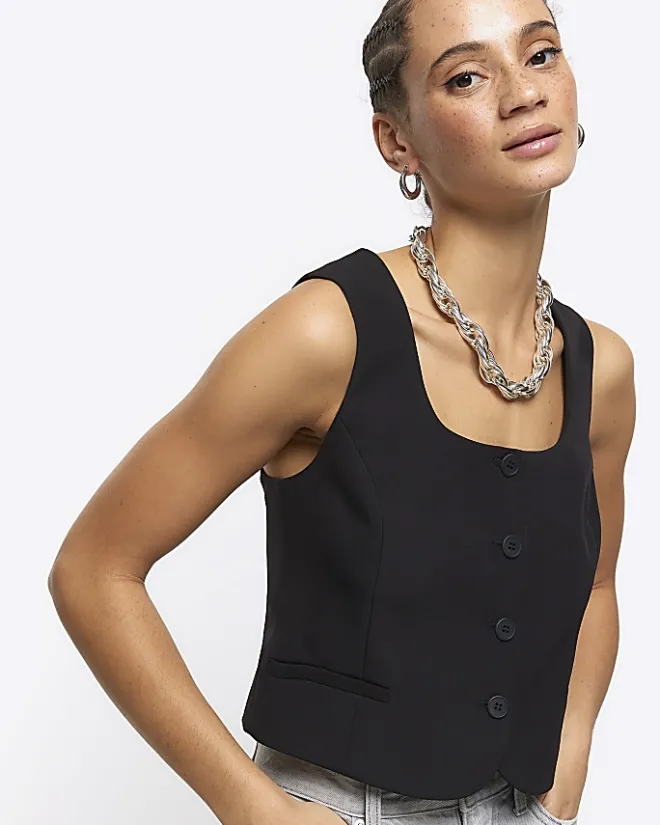 River Island square neck crop waistcoat Black Hot
