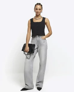 River Island square neck crop waistcoat Black Hot