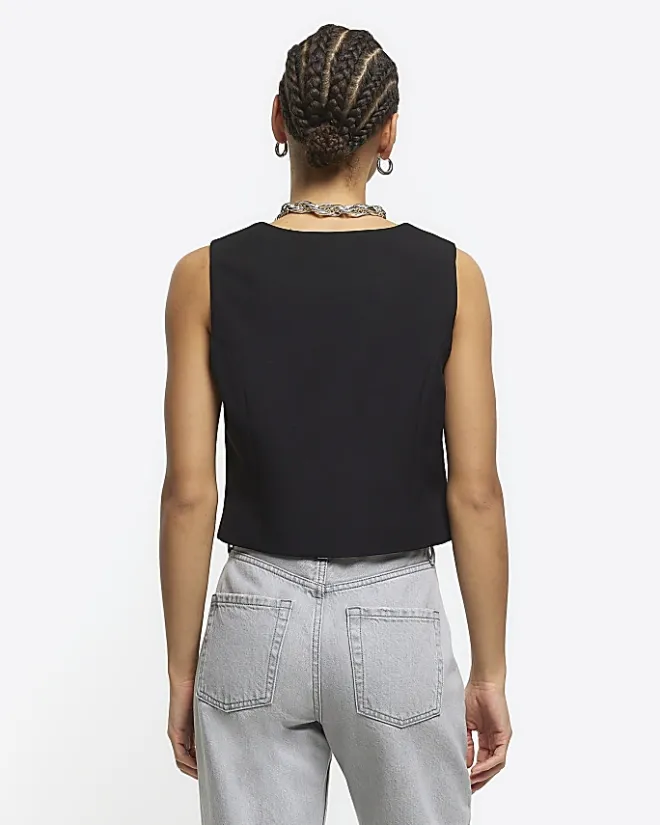 River Island square neck crop waistcoat Black Hot