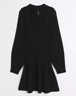 River Island square neck jumper mini dress Black Fashion