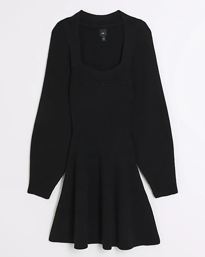 River Island square neck jumper mini dress Black Fashion