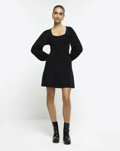 River Island square neck jumper mini dress Black Fashion
