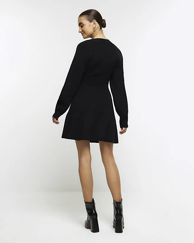 River Island square neck jumper mini dress Black Fashion