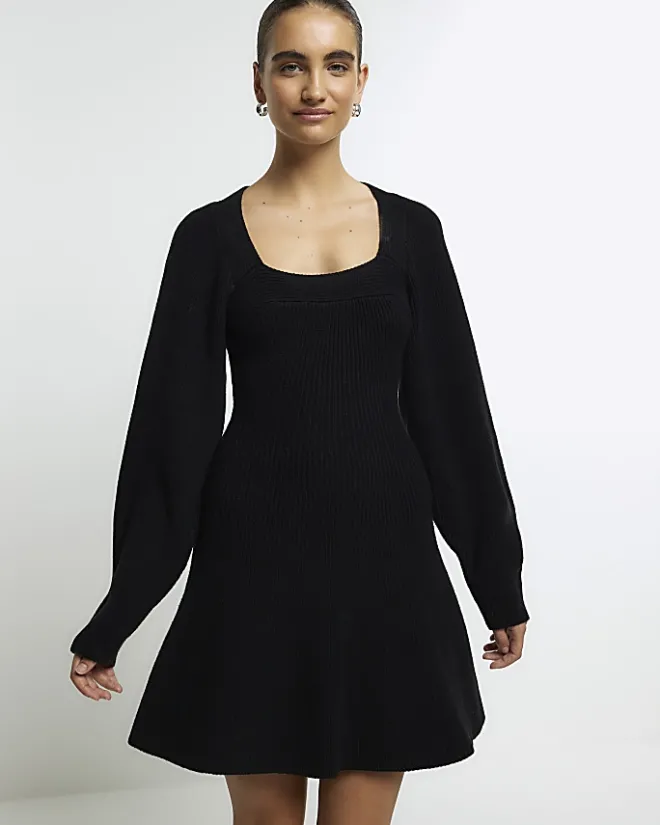 River Island square neck jumper mini dress Black Fashion