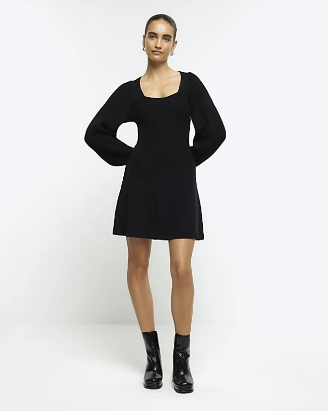 River Island square neck jumper mini dress Black Fashion