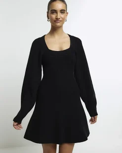 River Island square neck jumper mini dress Black Fashion