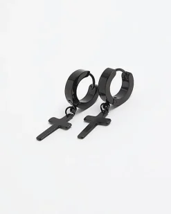 River Island stainless steel cross hoop earrings Black Outlet