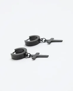 River Island stainless steel cross hoop earrings Black Outlet
