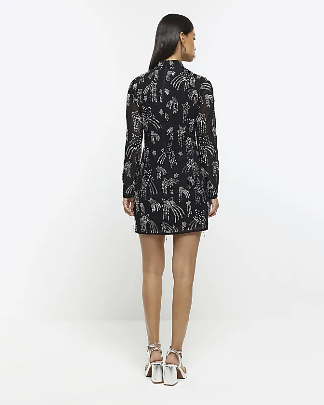 River Island star embellishment bodycon mini dress Black New
