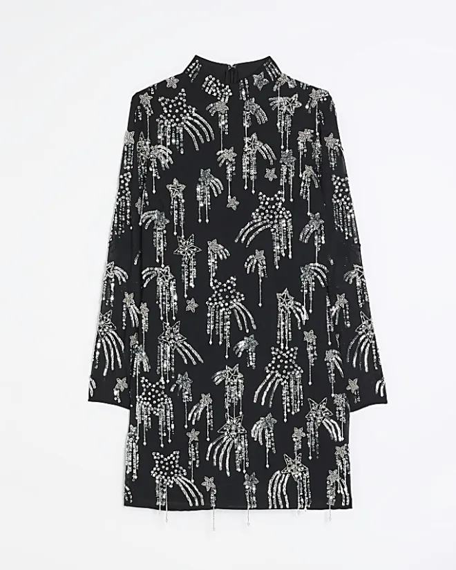 River Island star embellishment bodycon mini dress Black New