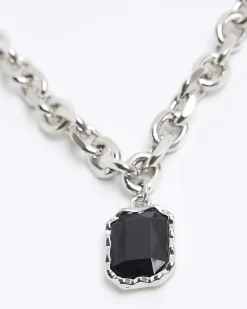 River Island Stone Pendant Necklace Black New