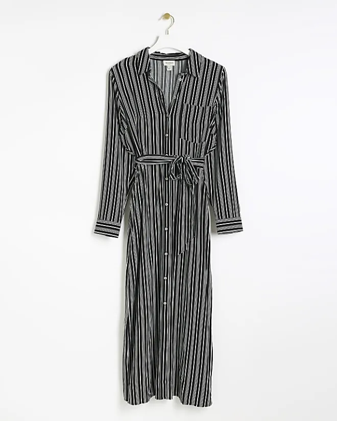 River Island stripe belted midi shirt dress Black Online