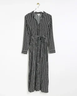 River Island stripe belted midi shirt dress Black Online