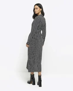 River Island stripe belted midi shirt dress Black Online