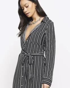 River Island stripe belted midi shirt dress Black Online