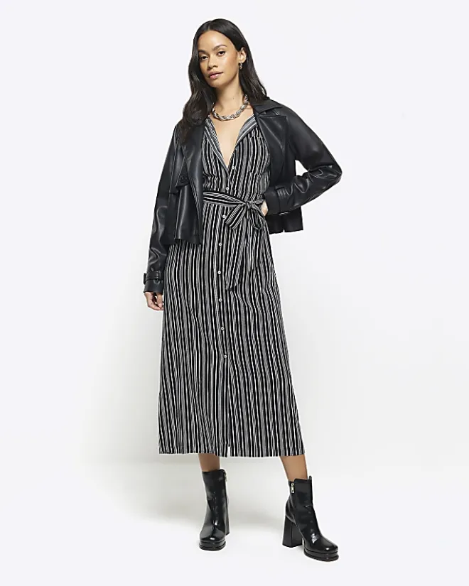 River Island stripe belted midi shirt dress Black Online