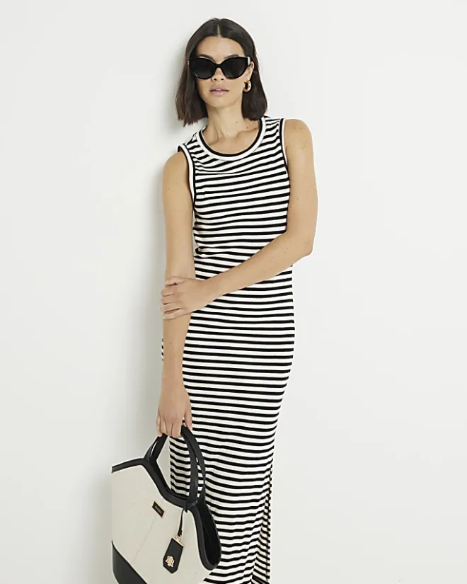 River Island stripe bodycon midi dress Black Outlet
