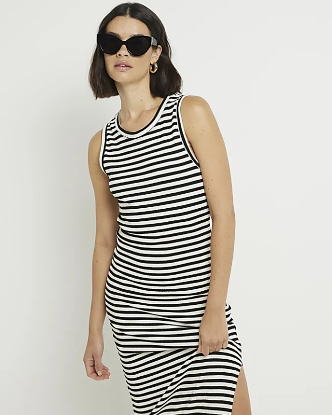 River Island stripe bodycon midi dress Black Outlet