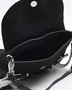 River Island suedette buckle shoulder bag Black Clearance