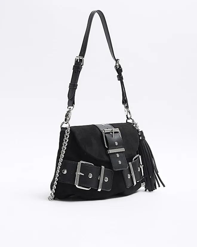 River Island suedette buckle shoulder bag Black Clearance