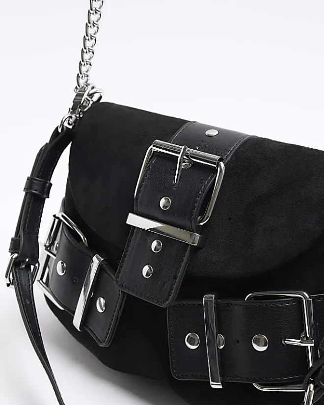 River Island suedette buckle shoulder bag Black Clearance