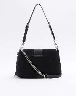 River Island suedette buckle shoulder bag Black Clearance