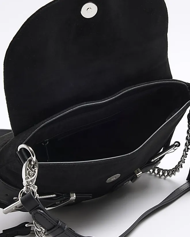River Island suedette buckle shoulder bag Black Clearance