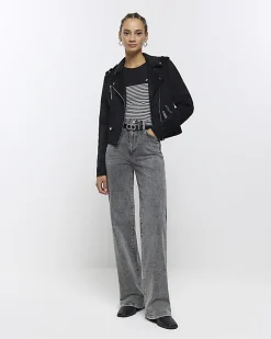 River Island suedette crop biker jacket Black Best