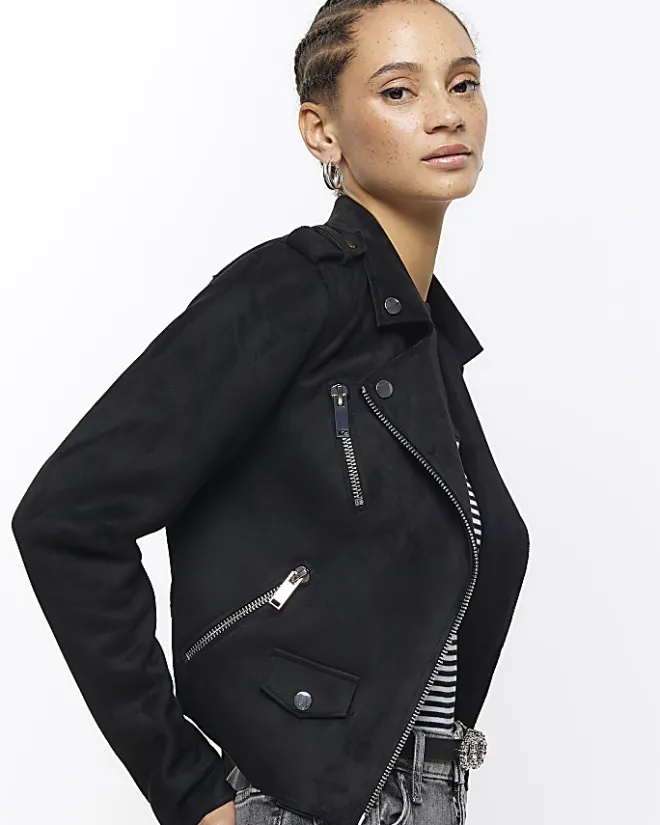 River Island suedette crop biker jacket Black Best