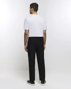 River Island tapered fit plisse smart trousers Black Clearance