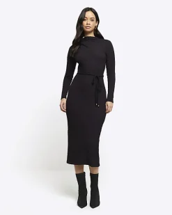 River Island textured belted bodycon midi dress Black Hot