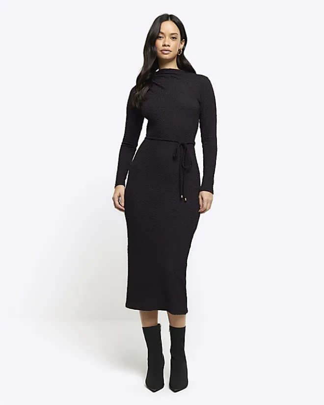 River Island textured belted bodycon midi dress Black Hot
