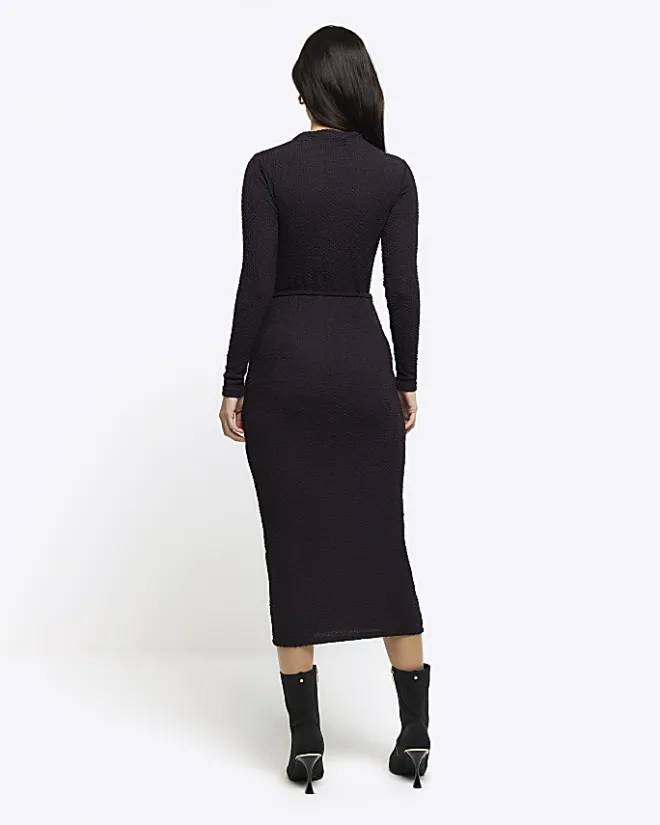 River Island textured belted bodycon midi dress Black Hot