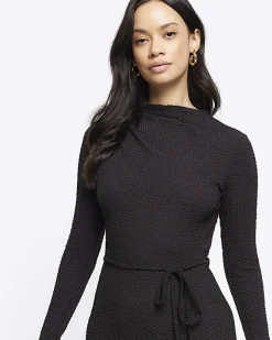 River Island textured belted bodycon midi dress Black Hot