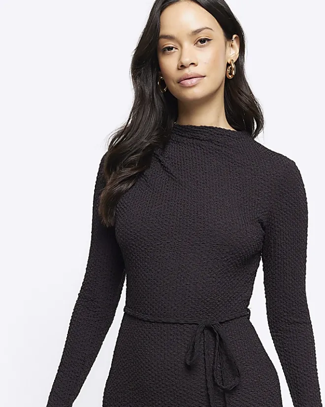 River Island textured belted bodycon midi dress Black Hot