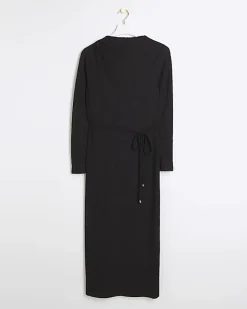 River Island textured belted bodycon midi dress Black Hot
