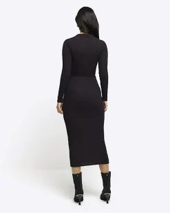 River Island textured belted bodycon midi dress Black Hot