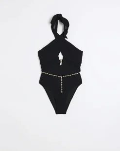 River Island Textured Cut Out Belted Swimsuit Black Best