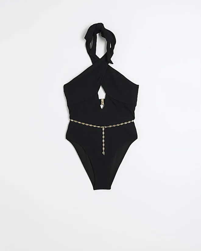 River Island Textured Cut Out Belted Swimsuit Black Best