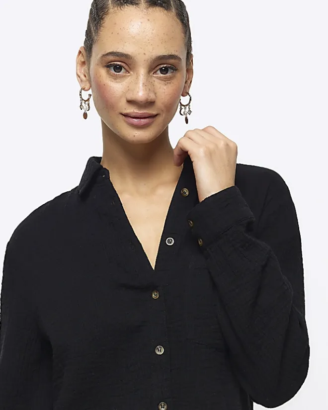 River Island textured long sleeve shirt Black Hot