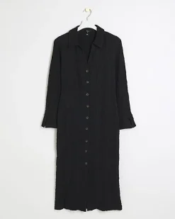 River Island Textured Midi Shirt Dress Black Discount