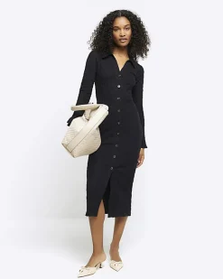 River Island Textured Midi Shirt Dress Black Discount