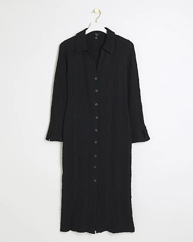 River Island Textured Midi Shirt Dress Black Discount